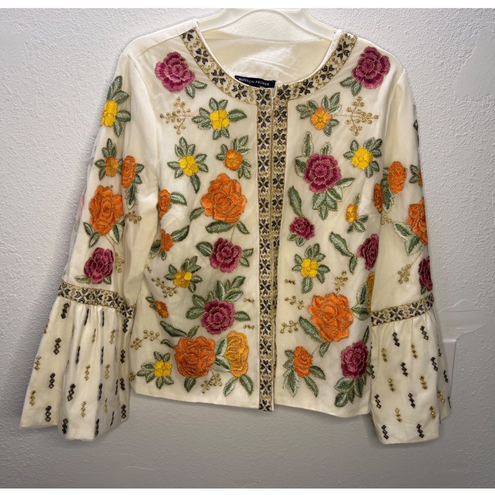 Boston‎ Proper Floral Embroidered Bell Sleeve Jacket White Gold Metallic Large